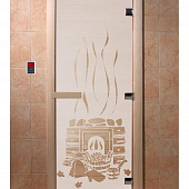Стеклянная дверь для бани и сауны с рисунком БАНЬКА, коробка осина, сатин, 8 мм, 3 петли хром, квадратные 1800х800 мм (по коробке) фото товара