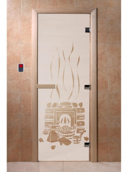 Стеклянная дверь для бани и сауны с рисунком БАНЬКА, коробка осина, сатин, 8 мм, 3 петли хром, квадратные 1800х800 мм (по коробке) фотография