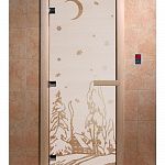 Стеклянная дверь для бани и сауны с рисунком ЗИМА, коробка осина, сатин, 8 мм, 3 петли хром, квадратные 1800х800 мм (по коробке) фото товара