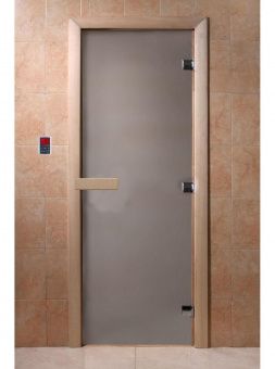 Дверь для сауны и бани стеклянная, короб осина, сатин, 8 мм, 3 петли хром квадратные, 2000х600 мм (по коробке) фотография