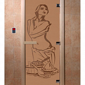 Стеклянная дверь для бани и сауны с рисунком ИСКУШЕНИЕ, коробка осина, бронза матовая, 8 мм, 3 петли хром, квадратные 1800х800 мм (по коробке) фото товара