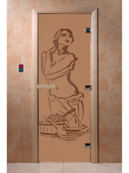 Стеклянная дверь для бани и сауны с рисунком ИСКУШЕНИЕ, коробка осина, бронза матовая, 8 мм, 3 петли хром, квадратные 1800х800 мм (по коробке) фотография