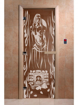 Стеклянная дверь для бани и сауны с рисунком ГОРЯЧИЙ ПАР, коробка осина, бронза, 8 мм, 3 петли хром, квадратные 1800х800 мм (по коробке) фотография