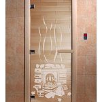 Стеклянная дверь для бани и сауны с рисунком БАНЬКА, коробка осина, прозрачная, 8 мм, 3 петли хром, квадратные 1800х800 мм (по коробке) фото товара