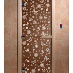 Стеклянная дверь для бани и сауны с рисунком ЦВЕТЫ И БАБОЧКИ, коробка осина, бронза, 8 мм, 3 петли хром, квадратные 1900х700 мм (по коробке) фото товара
