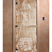 Стеклянная дверь для бани и сауны с рисунком ГОРЯЧИЙ ПАР, коробка осина, прозрачная, 8 мм, 3 петли хром, квадратные 1900х800 мм (по коробке) фото товара