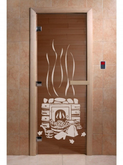 Стеклянная дверь для сауны БАНЬКА, осина, бронза, 8 мм, 3 петли хром, квадр, 1900х800 мм (по коробке) фотография