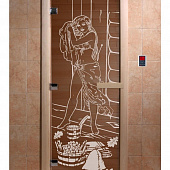 Стеклянная дверь для бани и сауны с рисунком ДЖЕНИФЕР, коробка осина, бронза, 8 мм, 3 петли хром, квадратные 1800х800 мм (по коробке) фото товара
