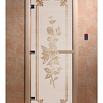 Стеклянная дверь для бани и сауны с рисунком РОЗЫ, коробка осина, сатин, 8 мм, 3 петли хром, квадратные 2000х800 мм (по коробке) фото товара