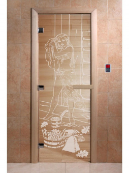 Стеклянная дверь для бани и сауны с рисунком ДЖЕНИФЕР, коробка осина, прозрачная, 8 мм, 3 петли хром, квадратные 1800х800 мм (по коробке) фотография