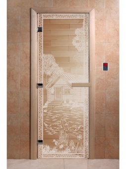 Стеклянная дверь для бани и сауны с рисунком БАНЬКА В ЛЕСУ, коробка осина, прозрачная, 8 мм, 3 петли хром, квадратные 1900х800 мм (по коробке) фотография