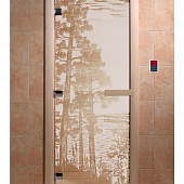 Стеклянная дверь для бани и сауны с рисунком РАССВЕТ, коробка осина, сатин, 8 мм, 3 петли хром, квадратные 1900х800 мм (по коробке) фото товара