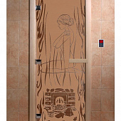 Стеклянная дверь для бани и сауны с рисунком ВОЛШЕБНЫЙ ПАР, коробка осина, бронза матовая, 8 мм, 3 петли хром, квадратные 1900х800 мм (по коробке) фото товара