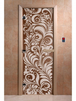 Стеклянная дверь для бани и сауны с рисунком ХОХЛОМА, коробка осина,бронза, 8 мм, 3 петли хром, квадратные 2000х800 мм (по коробке) фотография