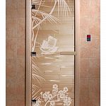 Стеклянная дверь для бани и сауны с рисунком ГОЛУБАЯ ЛАГУНА, коробка осина, прозрачная, 8 мм, 3 петли хром, квадратные 2000х800 мм (по коробке) фото товара