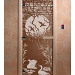 Стеклянная дверь для бани и сауны с рисунком ЛЕБЕДИНОЕ ОЗЕРО, коробка осина, бронза, 8 мм, 3 петли хром, квадратные 1800х800 мм (по коробке) фото товара