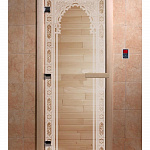 Стеклянная дверь для бани и сауны с рисунком ВОСТОЧНАЯ АРКА, коробка осина, прозрачная, 8 мм, 3 петли хром, квадратные 1900х700 мм (по коробке) фото товара