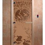 Стеклянная дверь для бани и сауны с рисунком ЛЕБЕДИНОЕ ОЗЕРО, коробка осина, бронза матовая, 8 мм, 3 петли хром, квадратные 1900х800 мм (по коробке) фото товара