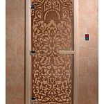 Стеклянная дверь для бани и сауны с рисунком ФЛОРЕНЦИЯ, коробка осина, бронза матовая, 8 мм, 3 петли хром, квадратные 2000х800 мм (по коробке) фото товара