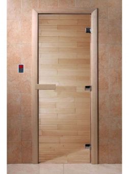 Дверь для сауны и бани стеклянная, короб осина, прозрачная, 8 мм, 3 петли хром квадратные, 2000х800 мм (по коробке) фотография