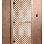 Стеклянная дверь для бани и сауны с рисунком МИРАЖ, коробка осина, прозрачная, 8 мм, 3 петли хром, квадратные 1900х800 мм (по коробке) фото товара