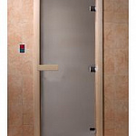 Дверь для сауны и бани стеклянная, короб осина, сатин, 8 мм, 3 петли хром квадратные, 1800х700 мм (по коробке) фото товара