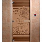 Стеклянная дверь для бани и сауны с рисунком "Япония", коробка осина, бронза матовая, 8 мм, 3 петли хром, квадратные 1900х800 мм (по коробке) фото товара