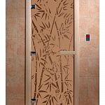Стеклянная дверь для бани и сауны с рисунком БАМБУК И БАБОЧКИ, коробка осина, бронза матовая, 8 мм, 3 петли хром, квадратные 2000х800 мм (по коробке) фото товара