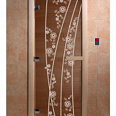 Стеклянная дверь для бани и сауны с рисунком ВЕСНА ЦВЕТЫ, коробка осина, бронза, 8 мм, 3 петли хром, квадратные  1900х700 мм (по коробке) фото товара