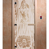 Стеклянная дверь для бани и сауны с рисунком ГОРЯЧИЙ ПАР, коробка осина, сатин, 8 мм, 3 петли хром, квадратные 1800х800 мм (по коробке) фото товара