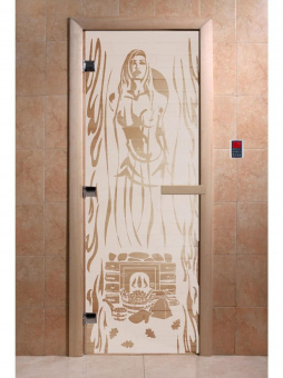 Стеклянная дверь для бани и сауны с рисунком ГОРЯЧИЙ ПАР, коробка осина, сатин, 8 мм, 3 петли хром, квадратные 1800х800 мм (по коробке) фотография