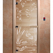 Стеклянная дверь для бани и сауны с рисунком КАМЫШОВЫЙ РАЙ, коробка осина, прозрачная, 8 мм, 3 петли хром, квадратные 1800х800 мм (по коробке) фото товара