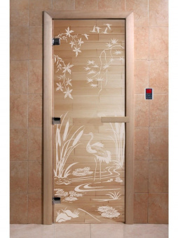 Стеклянная дверь для бани и сауны с рисунком КАМЫШОВЫЙ РАЙ, коробка осина, прозрачная, 8 мм, 3 петли хром, квадратные 1800х800 мм (по коробке) фотография
