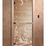 Стеклянная дверь для бани и сауны с рисунком ЗИМА, коробка осина, прозрачная, 8 мм, 3 петли хром, квадратные 2000х800 мм (по коробке) фото товара