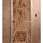 Стеклянная дверь для бани и сауны с рисунком ГОРЯЧИЙ ПАР, коробка осина, бронза матовая, 8 мм, 3 петли хром, квадратные 1800х800 мм (по коробке) фото товара