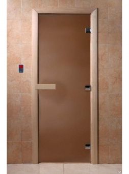 Дверь для сауны и бани стеклянная, короб осина, бронза матовая, 8 мм, 3 петли хром квадратные, 2000х600 мм (по коробке) фотография
