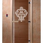 Стеклянная дверь для бани и сауны с рисунком ВЕРСАЧЕ, коробка осина, бронза, 8 мм, 3 петли хром, квадратные 2000х800 мм (по коробке) фото товара