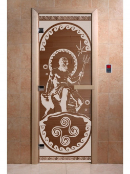 Стеклянная дверь для бани и сауны с рисунком ПОСЕЙДОН, коробка осина, бронза, 8 мм, 3 петли хром, квадратные 1900х800 мм (по коробке) фотография