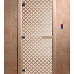 Стеклянная дверь для бани и сауны с рисунком МИРАЖ, коробка осина, сатин, 8 мм, 3 петли хром, квадратные 1900х700 мм (по коробке) фото товара