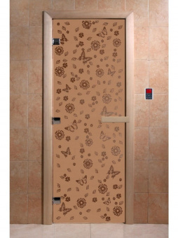 Стеклянная дверь для бани и сауны с рисунком ЦВЕТЫ И БАБОЧКИ, коробка осина, бронза матовая, 8 мм, 3 петли хром, квадратные 2000х800 мм (по коробке) фотография