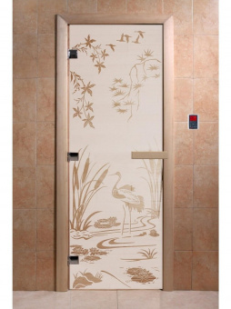 Стеклянная дверь для бани и сауны с рисунком КАМЫШОВЫЙ РАЙ, коробка осина, сатин, 8 мм, 3 петли хром, квадратные 1900х800 мм (по коробке) фотография