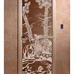Стеклянная дверь для бани и сауны с рисунком МИШКИ, коробка осина, бронза, 8 мм, 3 петли хром, квадратные 1900х700 мм (по коробке) фото товара