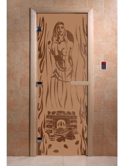 Стеклянная дверь для бани и сауны с рисунком ГОРЯЧИЙ ПАР, коробка осина, бронза матовая, 8 мм, 3 петли хром, квадратные 1800х800 мм (по коробке) фотография