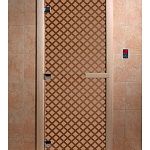 Стеклянная дверь для бани и сауны с рисунком МИРАЖ, коробка осина, бронза матовая, 8 мм, 3 петли хром, квадратные 1800х800 мм (по коробке) фото товара