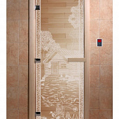Стеклянная дверь для бани и сауны с рисунком БАНЬКА В ЛЕСУ, коробка осина, прозрачная, 8 мм, 3 петли хром, квадратные 2000х800 мм (по коробке) фото товара