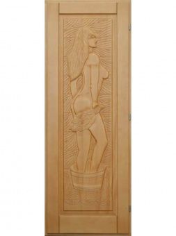 Деревянная дверь "ДЕВУШКА" кавказская липа, размер 1900х700 мм (по коробке) фотография