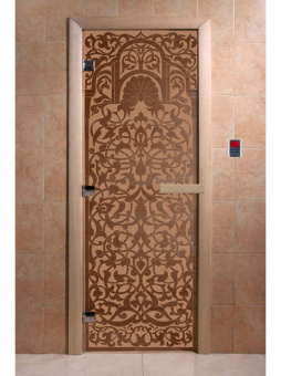 Стеклянная дверь для бани и сауны с рисунком ФЛОРЕНЦИЯ, коробка осина, бронза матовая, 8 мм, 3 петли хром, квадратные 1900х700 мм (по коробке) фотография