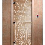 Стеклянная дверь для бани и сауны с рисунком БАМБУК И БАБОЧКИ, коробка осина, прозрачная, 8 мм, 3 петли хром, квадратные 1900х800 мм (по коробке) фото товара