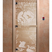 Стеклянная дверь для бани и сауны с рисунком ЛЕБЕДИНОЕ ОЗЕРО, коробка осина, прозрачная, 8 мм, 3 петли хром, квадратные 1900х800 мм (по коробке) фото товара