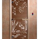 Стеклянная дверь для бани и сауны с рисунком КАМЫШОВЫЙ РАЙ, коробка осина, бронза, 8 мм, 3 петли хром, квадратные 1800х800 мм (по коробке) фото товара